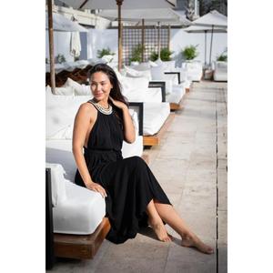 เดรสยาวสีดำแบบผูกคอสำหรับผู้หญิง ดีไซน์หรูหราประดับลูกปัดที่คอ สไตล์โบฮีเมียน เหมาะสำหรับใส่ไปชายหาด ชุดเดรสแขนกุดสำหรับฤดูร้อน พร้อมเข็มขัด - Product Image 3