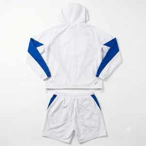 Conjunto Deportivo de Chaqueta Cortavientos con Capucha y Pantalones Cortos para Hombre, Color Blanco y Azul, de Secado Rápido, para Verano, Estilo Urbano, Venta al Por Mayor - Product Image 2