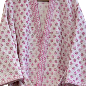 Peignoir en coton gaufré rose clair, imprimé à la main motif floral, pour femme, séchage rapide, léger, compressé, écologique, idéal pour hôtel - Product Image 5