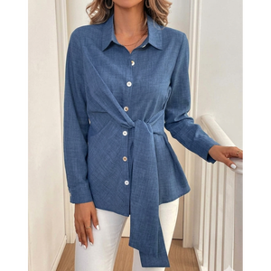Chemisier boutonné pour femme à nouer devant, taille cintrée, en tissu texturé slub - Product Image 2