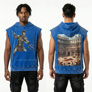 Hoodie sans manches personnalisé délavé à l'acide pour homme, style streetwear vintage bleu, coupe muscle, pour la gym, avec motif gladiateur, pull-over, fabricant - Product Image 1