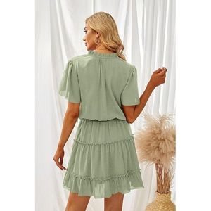 Abito Mini Estivo da Donna in Chiffon Verde con Scollo a V Ampio, Maniche Corte, Stile Casual con Balze e Linea ad A - Product Image 3