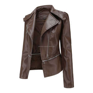 Chaqueta de cuero de motorista con dobladillo desmontable marrón para mujer, abrigo ajustado de manga larga con cierre de cremallera, elegante cuello de solapa transpirable - Product Image 6