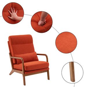 Poltrona Relax da Interno in Legno Massello con Schienale Alto e Struttura in Ferro, Rivestimento in Lino Arancione Bruciato, Meccanismo Reclinabile Manuale per Camera da Letto e Soggiorno - Product Image 2