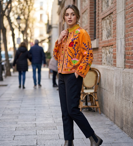 Women's Finished Suzani Embroidered Woven Velvet <b>Mandarin</b> <b>Collar</b> Pullover <b>Jacket</b> Handmade Floral Short Cotton Lined Boho Winter - Product Image 2