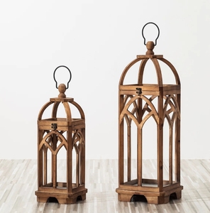 Wooden Square Candle <b>Lantern</b> Set Gothic Arch Vintage Pillar Holder Top Hanging Ring Decorative Rustic <b>Hurricane</b> Lamp Home Decor - Product Image 3