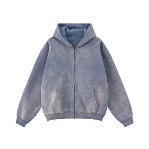 Sudadera con capucha y cremallera completa para hombre, con logotipo personalizado OEM, de algodón grueso y felpa, efecto desgastado por el sol, fabricante de sudaderas al por mayor. - Product Image 4