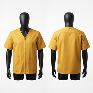 Chaqueta de Barbero Premium de 180 GSM de Polialgodón, Color Mostaza, Manga Corta, con Bordado Personalizado y Logotipo por Transferencia Térmica - Product Image 1