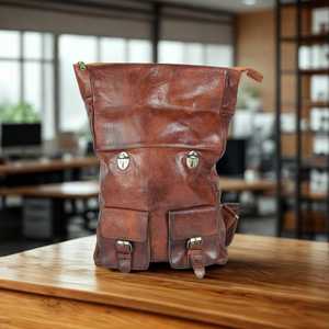 Luxury Genuine Leather <b>Roll</b> Top <b>Backpack</b> Stylish Bag 17 Inch Laptop Sleeve Large Travel Pack LRTB-0106 - Product Image 3