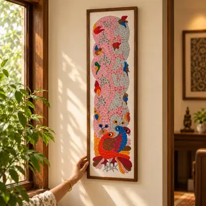Peinture Gond traditionnelle avec des oiseaux colorés et des motifs de paons pour la décoration murale tribale indienne et l'art de la maison - Product Image 5