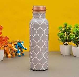 Botella de Agua Metálica con Recubrimiento de Esmalte, Diseño de Rejilla Marroquí Gris, Cobre Puro, Proveedor Mayorista - Product Image 1