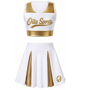 Ensemble uniforme de cheerleading sublimé blanc et or, sans manches, avec crop top et jupe, pour équipe sportive, tenue de performance et d'entraînement - Product Image 1