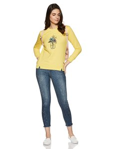<b>Women's</b> <b>Yellow</b> Crewneck Sweatshirt With Floral Embroidery Front Print Long Sleeve Casual Wear 100% Cotton Knitted Spring Style - Product Image 1