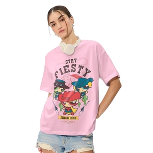 T-shirts surdimensionnés pour femmes Powerpuff Girls : Stay Fiesty, imprimé graphique, manches courtes, coton rose - Product Image 1