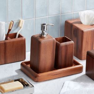 Luxury Wooden Bathroom Accessories Set 4 Piece Square <b>Soap</b> <b>Dispenser</b> <b>Toothbrush</b> <b>Holder</b> Tumbler <b>and</b> Tray - Product Image 4