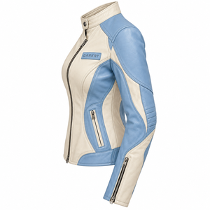 Veste de moto en cuir véritable pour femme, bicolore bleu ciel et ivoire, col mandarin, fermeture éclair diagonale, style motard/racer - Product Image 4