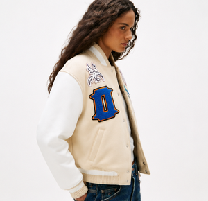 Off-White Beige PU Leather Varsity Jacket Embroidered Letter Patches <b>Turn</b>-Down Collar <b>Button</b> Closure Preppy Style Winter Wear - Product Image 4