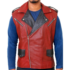 High Quality Premium <b>Men's</b> Red PU Leather <b>Vest</b> With <b>Black</b> Lapel Zipper Closure Moto Style Outerwear Autumn Wear Breathable - Product Image 1