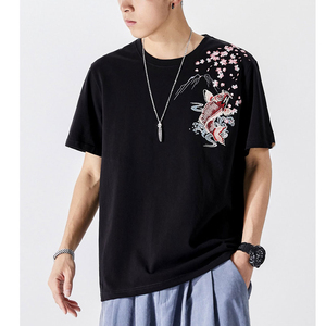 Camiseta Negra de Manga Corta para Hombre con Bordado a Mano Estilo Chino, Cuello Redondo, Corte Regular, 100% Algodón Canvas - Product Image 6