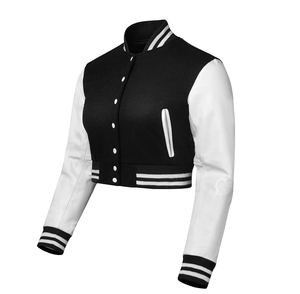 Veste universitaire pour homme, noir et blanc, manches en cuir PU, décontractée, col rabattu, fermeture éclair, coupe classique - Product Image 2