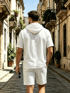 Men's Cotton Hooded Short Sleeve Shirt Set Solid Casual Summer Breathable Woven Quick Dry 120g 2pcs Made Bangladesh Customized - Product Image 2