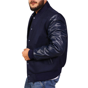 Customize Logo Unisex Leather Sleeve Geometric Pattern Stand Collar 100% Wool Breathable Varsity <b>Jacket</b> - Product Image 1