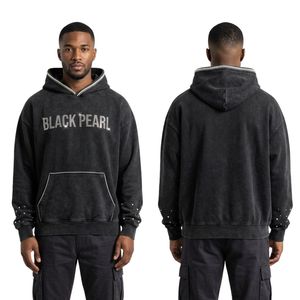 Sudadera con Capucha Personalizada con Letras en el Pecho en Negro Perla, Lavado Ácido, Felpa de Algodón, Estilo Urbano Minimalista Monocromático, Sudadera con Diseño Artístico - Product Image 3