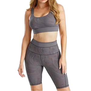 Gray Racerback <b>Crop</b> <b>Top</b> High Waist Bike Shorts 2 Piece Yoga Set Seamless <b>Mesh</b> Spandex Polyester Workout Wear - Product Image 5