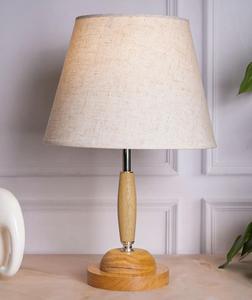 Scandinavian Wood Table Lamp With Beige Linen Bell Shade - Product Image 2