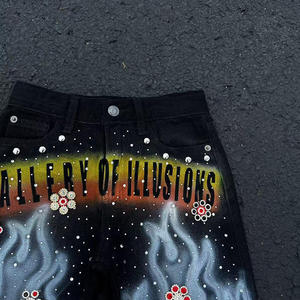 Shorts en jean rétro vintage ornés de strass, coupe ample, taille haute, longueur genou, effet délavé soleil, style streetwear pour homme - Product Image 5