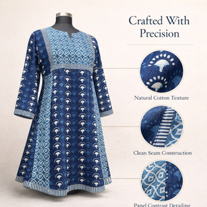 Robe longue décontractée en coton indigo faite à la main, imprimée au bloc, col en V, manches longues, contraste Kali, vente en gros - Product Image 6