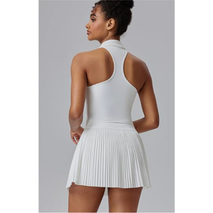 Ensemble de vêtements de sport pour femmes personnalisé, col halter, fermeture éclair, jupe plissée courte de tennis, respirant, spandex/nylon, athlétique, pour la salle de sport et l'entraînement - Product Image 3