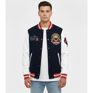 Chaqueta Universitaria Azul Rey Personalizada SHY SPORTS, Chaqueta Bomber con Parches de León Rugiente, Puños con Rayas, Unisex - Product Image 4