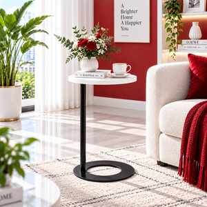 NGUYEN DECOR Modern Minimalist Round <b>Side</b> <b>Table</b> Maple Top <b>Black</b> Metal Base Eco-Friendly Living Room Set Bedroom Furniture - Product Image 5