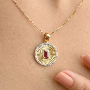 18K Solid Gold <b>Ruby</b> Halo Diamond Striped Medallion Coin Pendant - Product Image 1