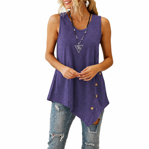 Débardeur asymétrique violet grande taille pour femme, col rond, sans manches, avec détails boutonnés, longueur longue, couleur unie, en jersey, pour l'été - Product Image 5