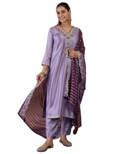 Ensemble Salwar Kameez en soie brodée pour femmes, couleur violette, avec dupatta, tenue traditionnelle indienne et pakistanaise, décontractée, mi-longue, pour l'été/l'hiver - Product Image 1