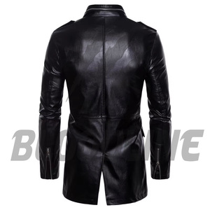 Men's Black PU <b>Leather</b> <b>Jacket</b> Stand Collar Slim Fit Moto Biker Style Zipper Closure <b>Long</b> Length Autumn Wear - Product Image 3