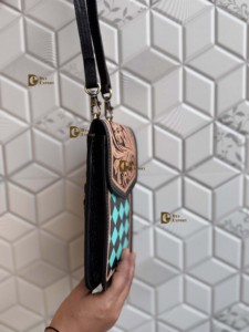 Luxury Handcrafted Phone <b>Purse</b> Handbag Hand Tooled Carving Leather Bag Big Size Bag Checkers Pattern Cross-Body Sling Bag - Product Image 2