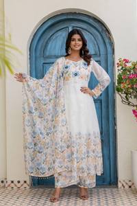 Premium tb organza gown set with digital print hand work fancy neck full sleeve flair plazo dupatta festive ethnic wear set - Product Image 3
