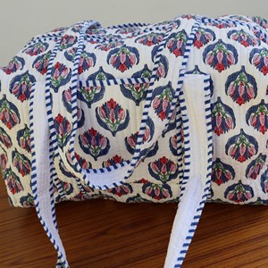 Vintage Quilted Floral <b>Duffel</b> <b>Bag</b> With Blue Stripe Handles Portable Travel Weekender For Men Women Casual Use - Product Image 1