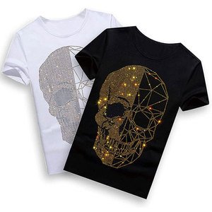 T-shirt noir pour femme avec crâne en strass, col rond, manches courtes, style gothique, coupe classique, tissu jersey - Product Image 3