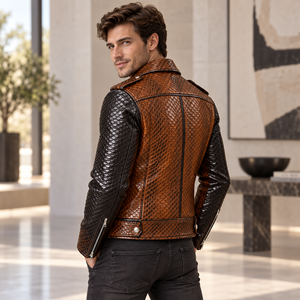 <b>Mens</b> Two-Tone <b>Brown</b> Black Snake-Embossed Breathable Genuine <b>Leather</b> Winter Motorcycle Biker <b>Jacket</b> Zipper Pockets | Wholesale - Product Image 2