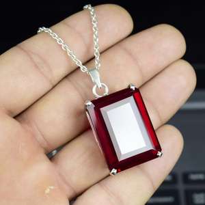 Pendentif en argent sterling 925 avec grand rubis rouge de 104 carats et émeraude, pierre de naissance de juillet, bijou - Product Image 3