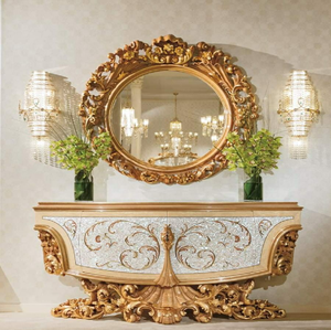 Premium cream wooden console <b>table</b> with intricate gold floral details and circular <b>mirror</b>, available at wholesale prices. - Product Image 1