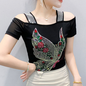 Camiseta de manga corta con lentejuelas y pedrería para mujer, top sexy para discoteca, negro, azul, de verano, tejido transpirable, cuello redondo - Product Image 4
