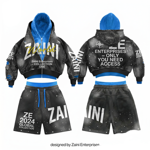 120 GSM Black Polyester/Cotton Breathable Winter Men's Fleece Pullover <b>Hoodie</b> Short Set Custom Digital Printing Logo <b>Lightweight</b> - Product Image 1