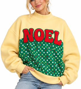 Custom <b>Women's</b> <b>Cream</b> Mock Neck Sweatshirt Christmas NOEL Letter Applique Embroidery Green Polka Dot Oversized Pullover - Product Image 1