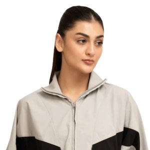 <b>Women's</b> Light Gray Bomber <b>Jacket</b> Long Sleeve Zip Front Casual Sheep Skin Knitted <b>Waterproof</b> Quick Dry Contrast Panel Drawstring - Product Image 2