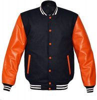 Veste de baseball personnalisable noire et orange pour homme, corps en laine et manches en cuir, boutons pression, style Letterman